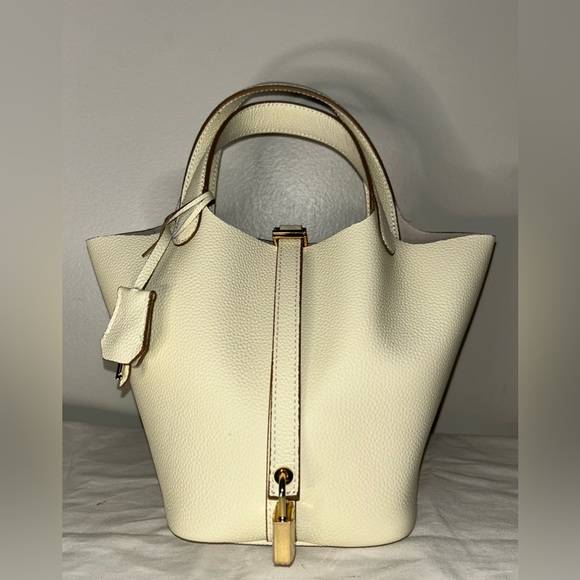 Picotin 18 PM Inspired Leather Bucket Bag Cream Ivory Nata White Gold Hardware - Picture 1 of 7